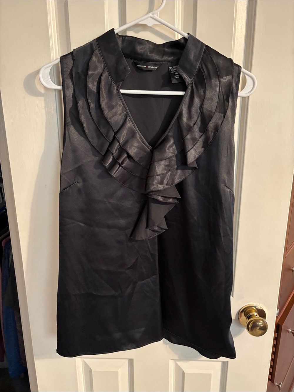 New York & Company Black Satin Ruffle V-Neck Sleeveless Camisole